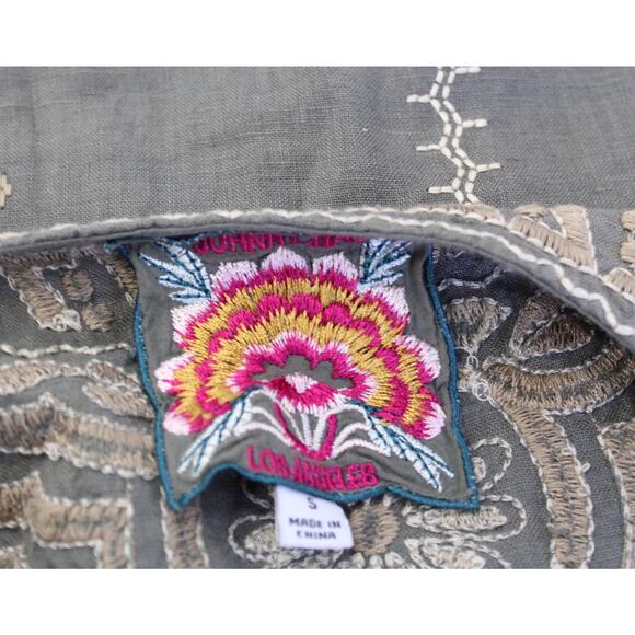 Johnny Was Green Ornate Floral Embroidered Button Front Tie Waist Linen Dress S - Picture 5 of 8